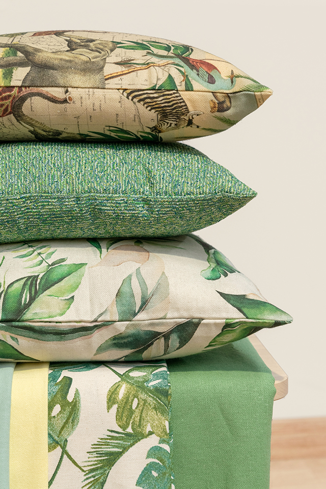 pillows in jungle and botanic patterns