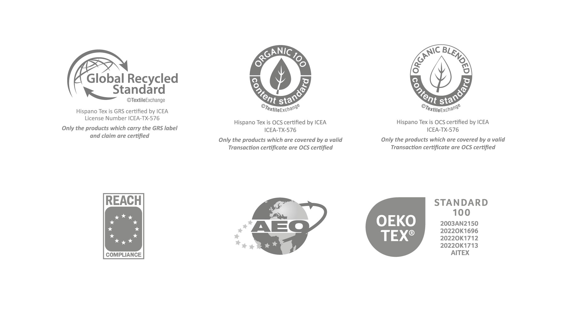 Logos of certifications including Reach Compliance, AEO, GRS, Organic 100, Organic Blended, GOTS, and Oeko-Tex, guaranteeing our eco-friendly and sustainable products