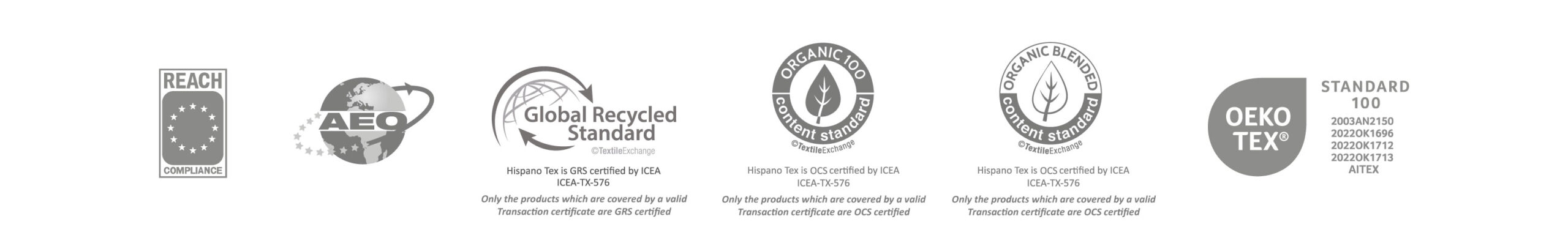 Logos of certifications including Reach Compliance, AEO, GRS, Organic 100, Organic Blended, GOTS, and Oeko-Tex, guaranteeing our eco-friendly and sustainable products