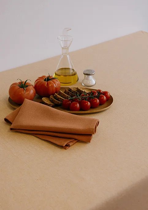 Dining table styled with LAGOS tablecloth and LAINEN napkins in caldera terracotta.